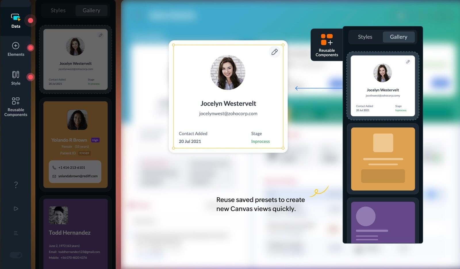 Formulario de creación de lead en Zoho CRM con Canvas aplicado: encabezado con gradiente azul-morado, secciones organizadas por Lead Basic Informations, More Informations y Address Informations, con campos clave como Lead Owner, Lead Type, Lead Source, Industry y dirección de facturación y envío.